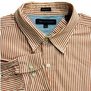 Tommy Hilfiger Regular Fit Coral & White Stripe Long Sleeve Button Mens 17 34-35